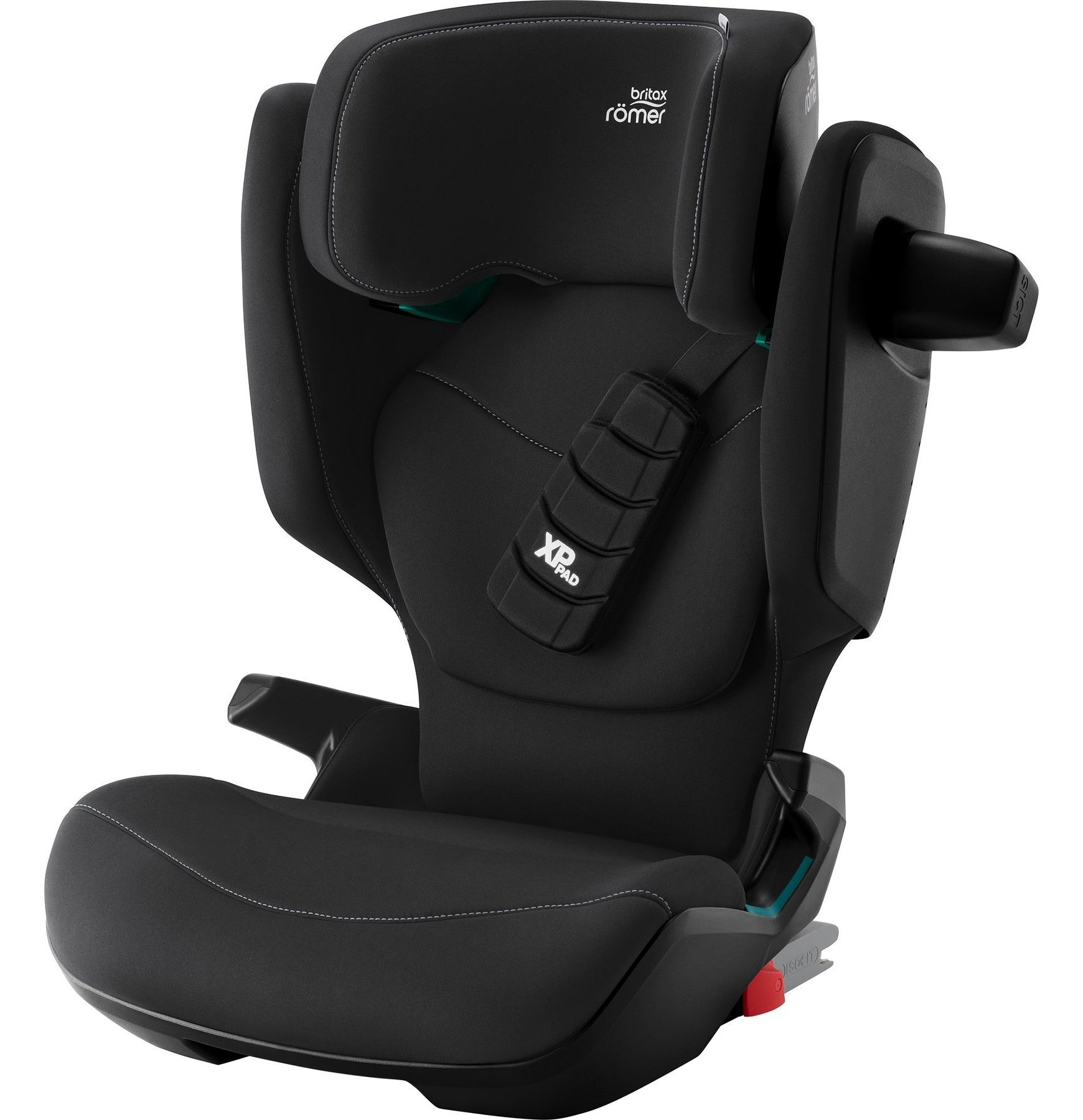 Le rehausseur Kidfix Pro vu de trois quarts, avec son coussin d'épaule pour la ceinture